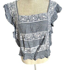 American Eagle Outfitters XL Striped & Lace Ruffle Crop Top Viscose & Polyester